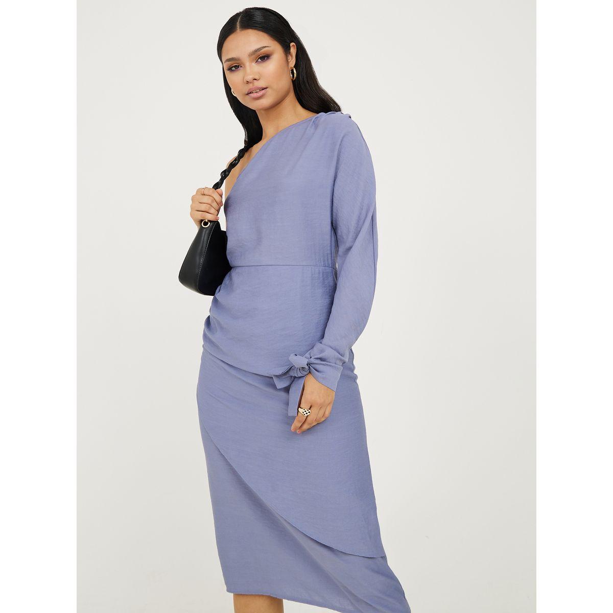 Styli One Shoulder Neck Sheath Midi Dress with Tie Cuff-women-clothing-dresses-image-3