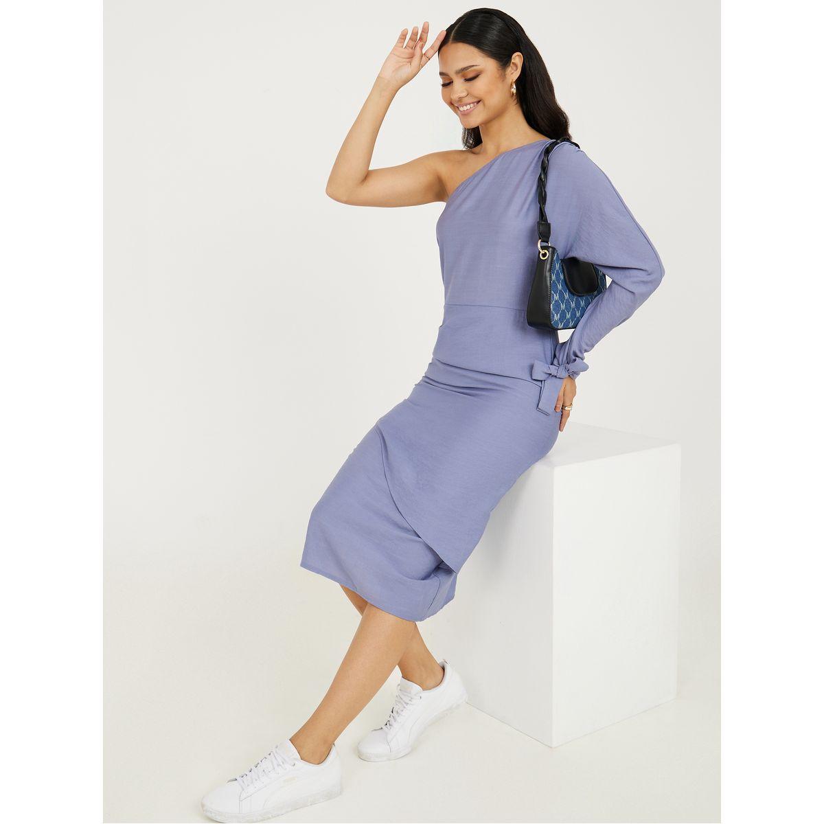 Styli One Shoulder Neck Sheath Midi Dress with Tie Cuff-women-clothing-dresses-image-6