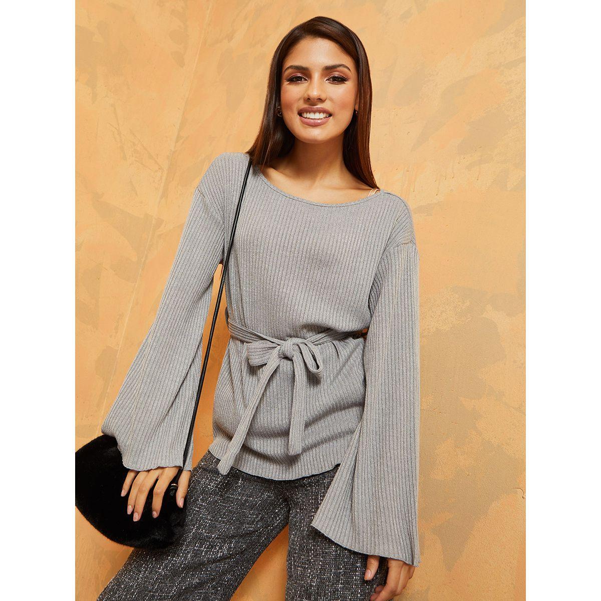 بلوزة طويلة بياقة واسعة مع حزام-women-clothing-shirtsandblouses-blouses-image-1