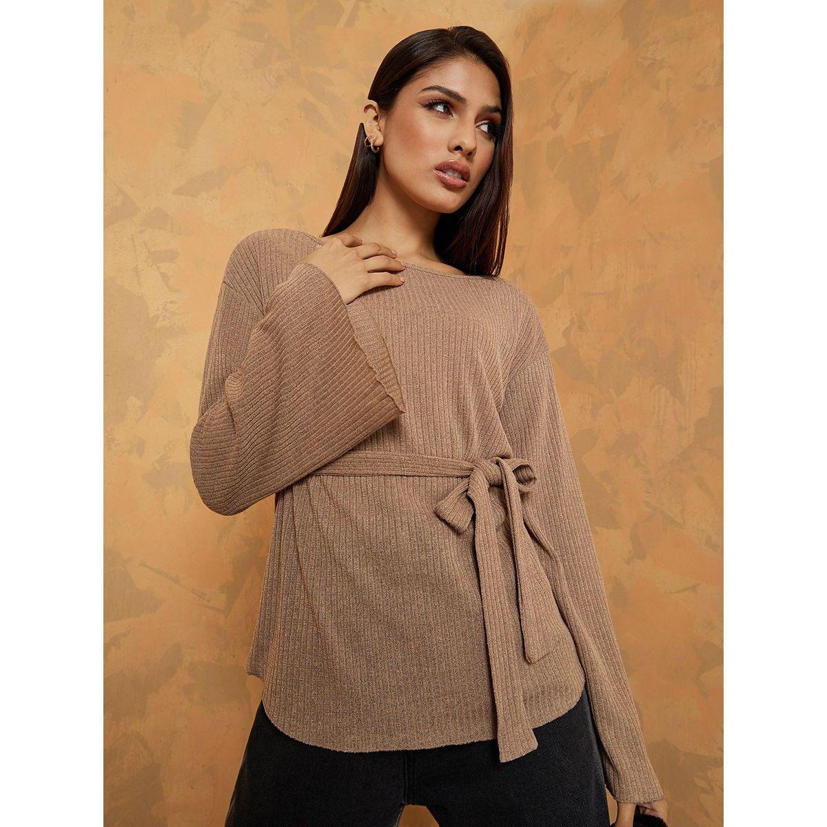 Styli Boat Neck Ribbed Longline Tunic with Tie Belt-women-clothing-shirtsandblouses-blouses-image-1