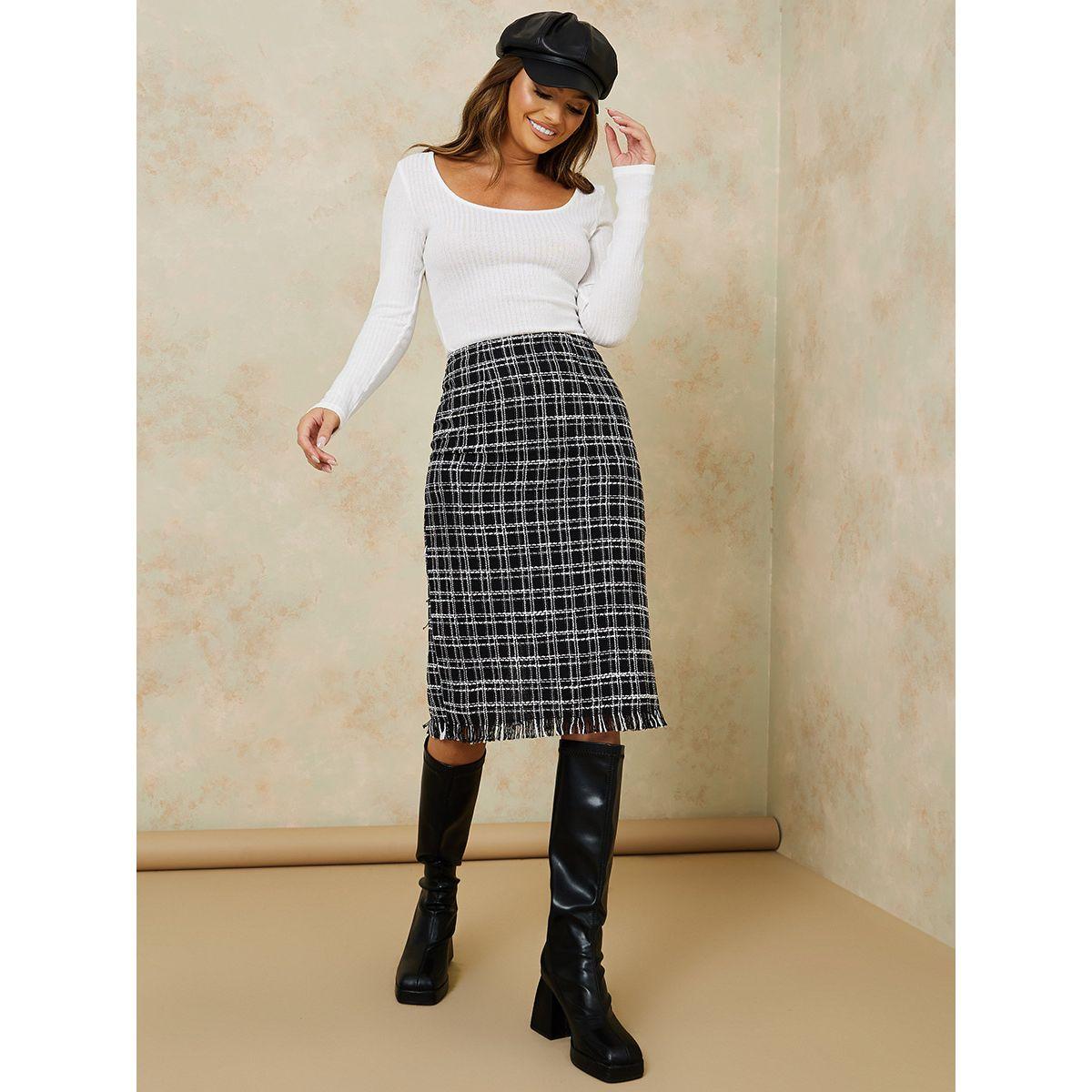 High waisted 2025 midi skirt tweed