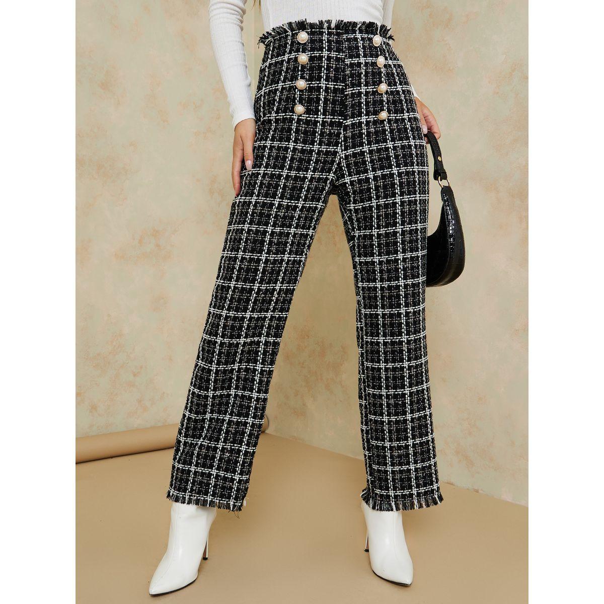 Styli Tweed Slim Fit Ankle Length Trouser with Frayed Edge-women-clothing-bottoms-trousers-image-1