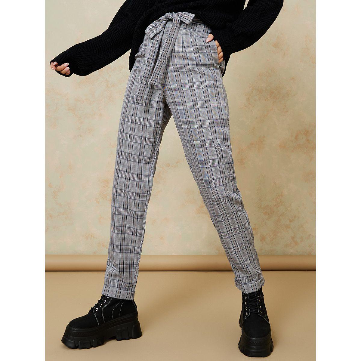 بنطال مطبع بمربعات مع رباط-women-clothing-bottoms-trousers-image-1