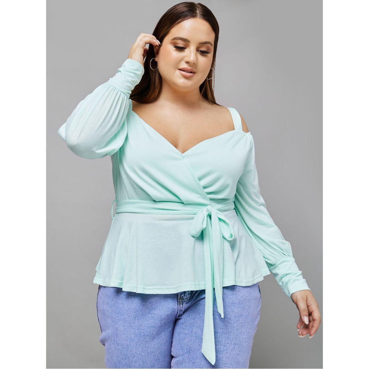 Styli Plus Cold Shoulder Tie Waist Peplum Blouse-women-clothing-shirtsandblouses-blouses-image-1
