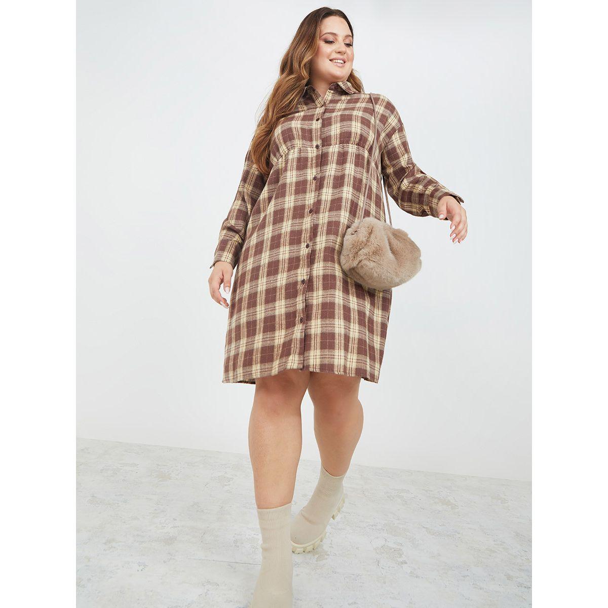 Styli Plus Long Sleeves Checked Shirt Knee Length Dress-women-clothing-dresses-image-1