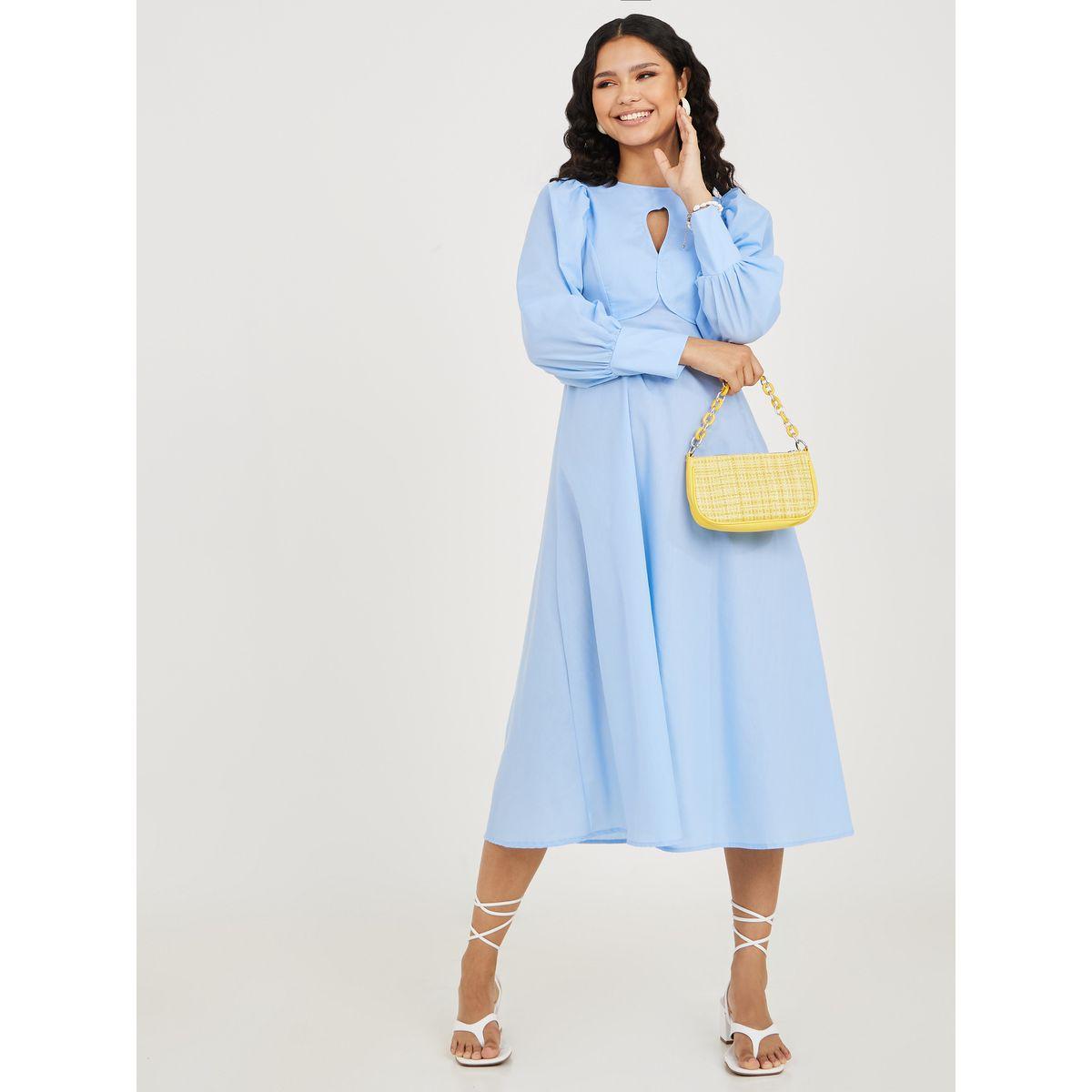 Styli Long Sleeves Keyhole Neck A-Line Midi Dress-women-clothing-dresses-image-1
