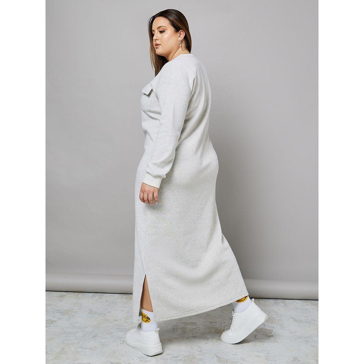 Styli Plus Long Sleeves Fleece Maxi Winter Sweater Dress with Side Split-women-clothing-dresses-image-5