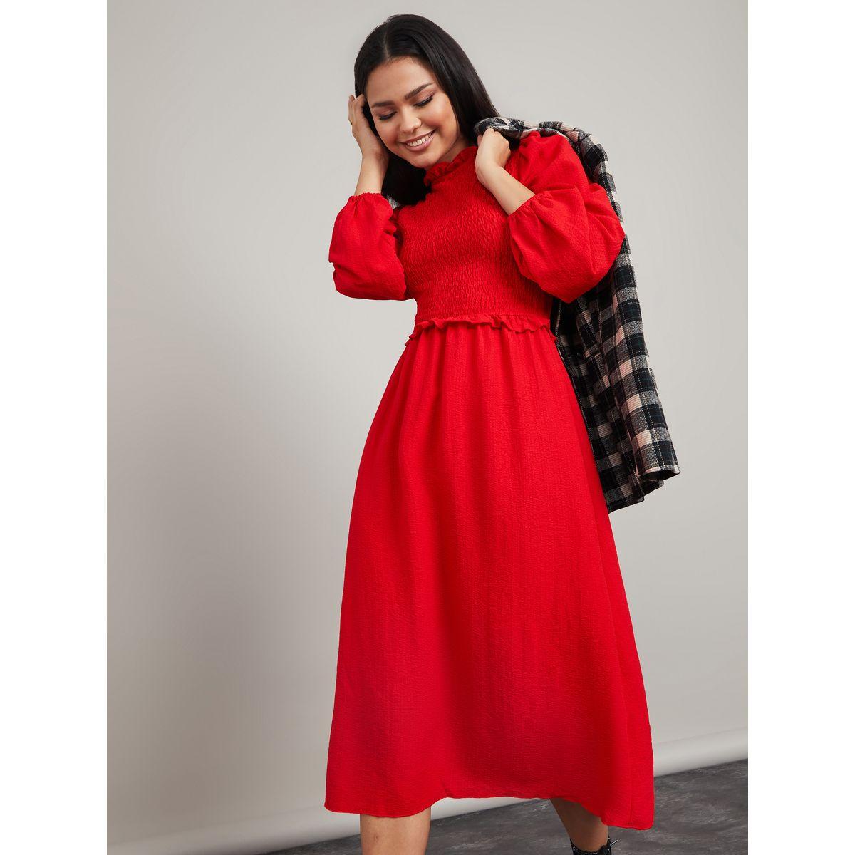 Styli Long Sleeves Gathered Detail A-Line Midi Dress-women-clothing-dresses-image-1