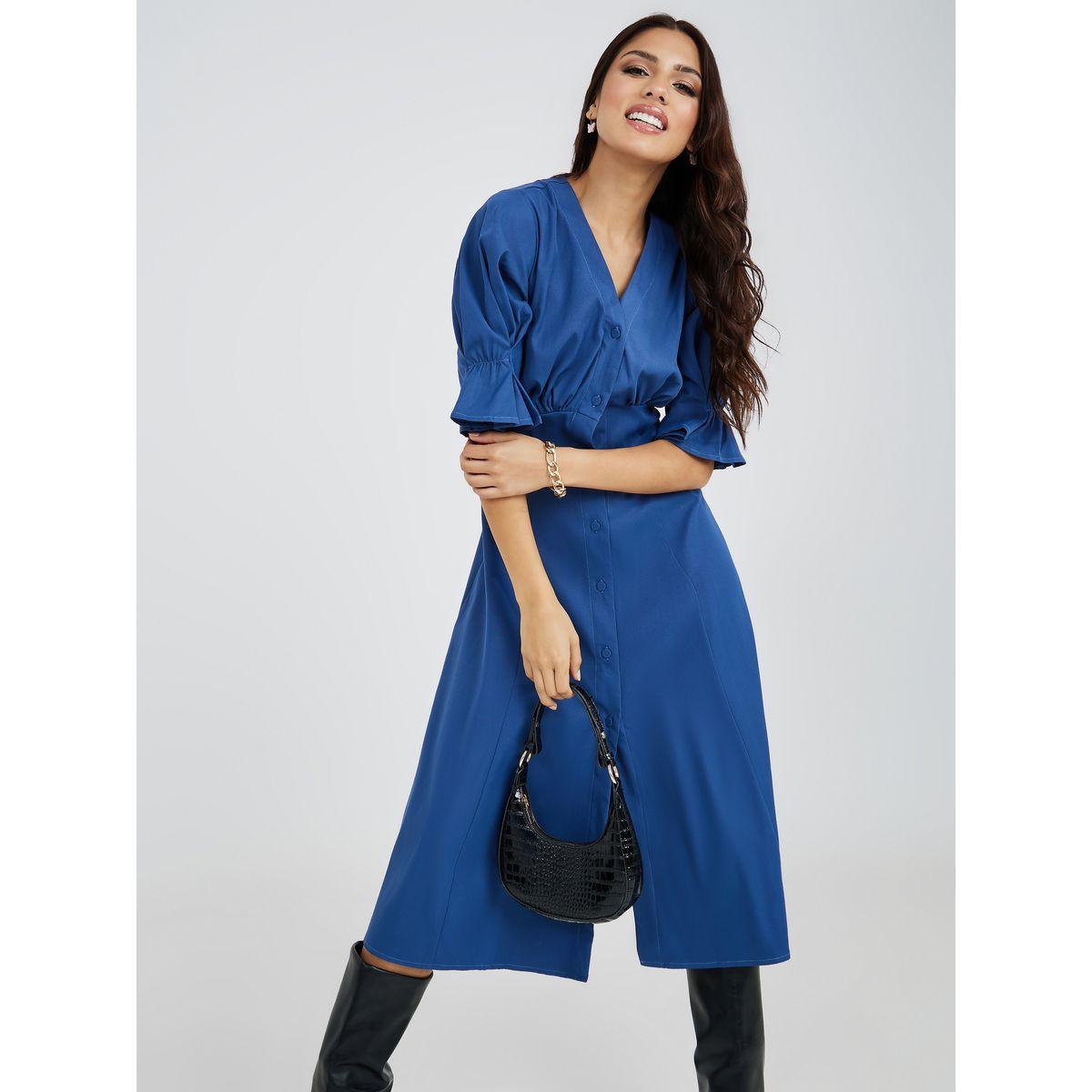 فستان ميدي باكمام مكبلة وازرار-women-clothing-dresses-image-1
