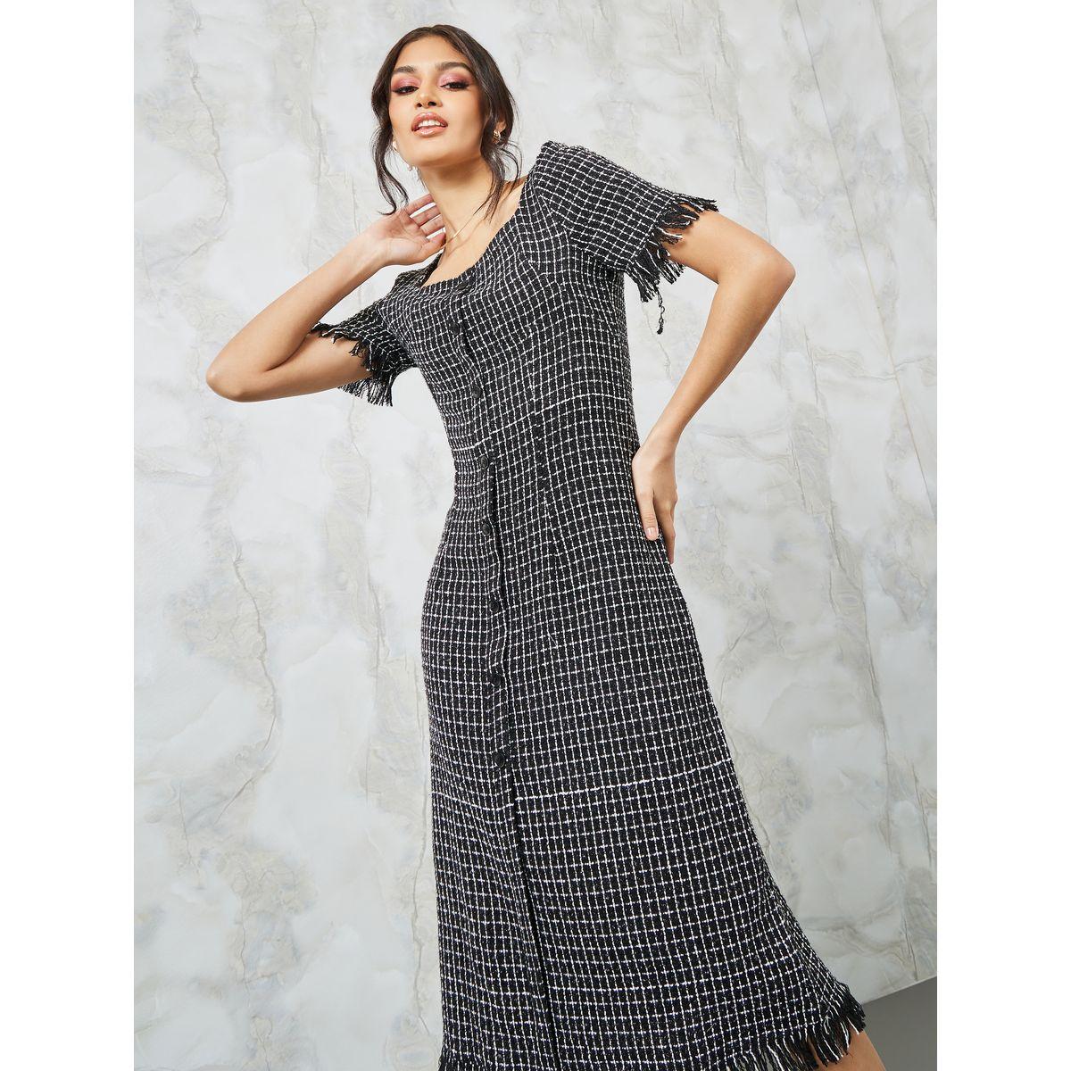 Styli Tweed Sheath Midi Dress with Frayed Edge-women-clothing-dresses-image-2