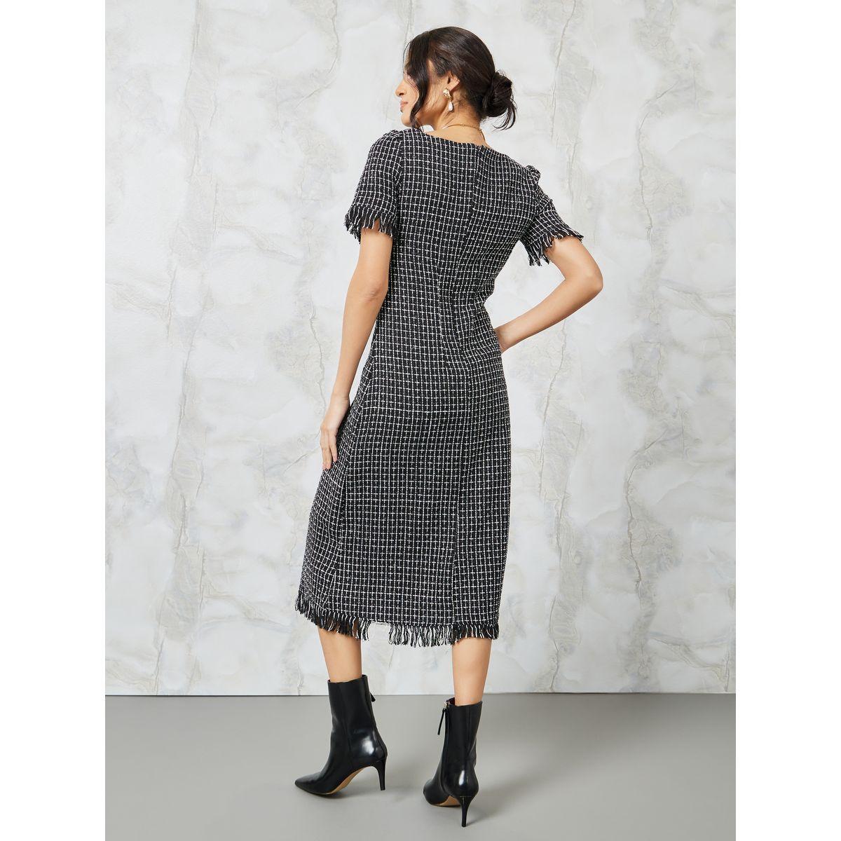 Styli Tweed Sheath Midi Dress with Frayed Edge-women-clothing-dresses-image-4