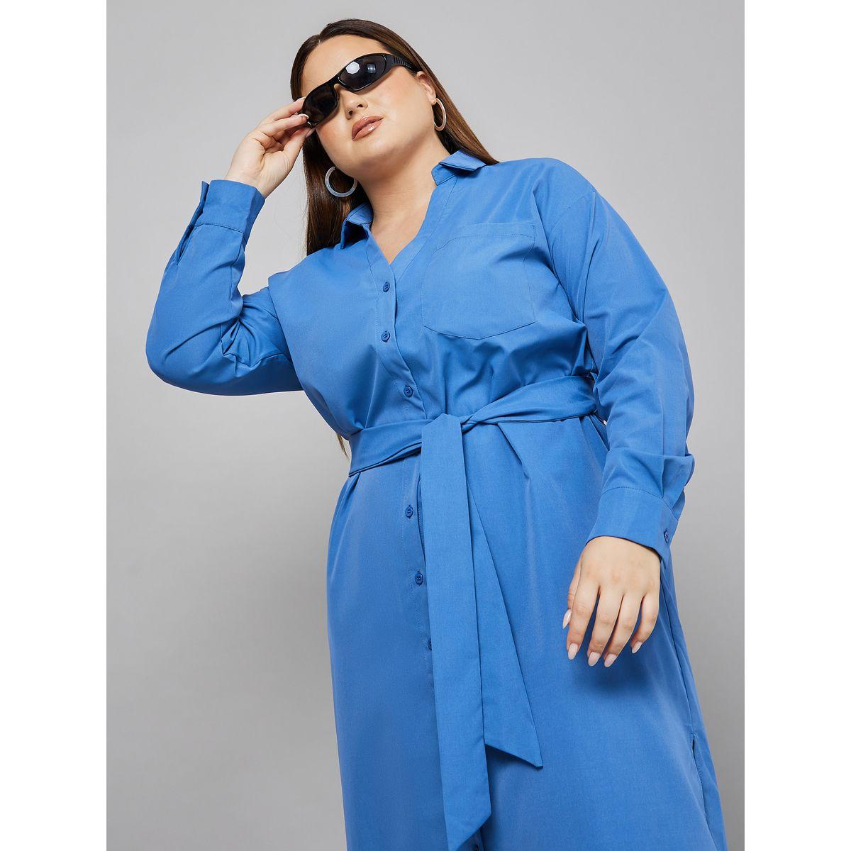 Styli Plus Long Sleeves Woven Shirt Dress with Tie Belt-women-clothing-dresses-image-2