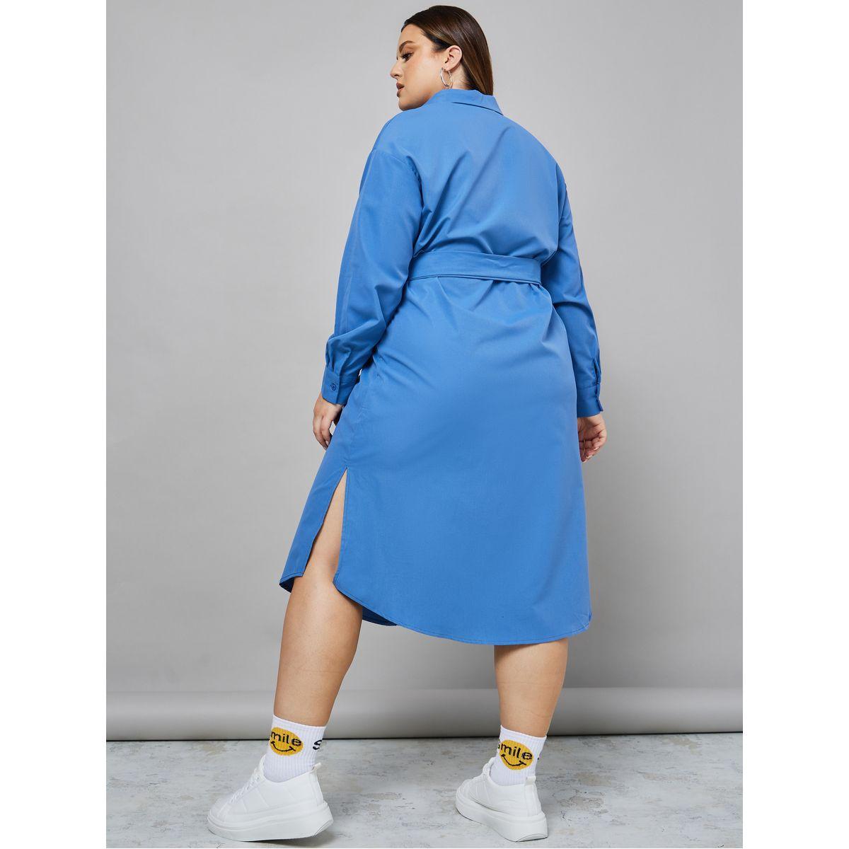 Styli Plus Long Sleeves Woven Shirt Dress with Tie Belt-women-clothing-dresses-image-4