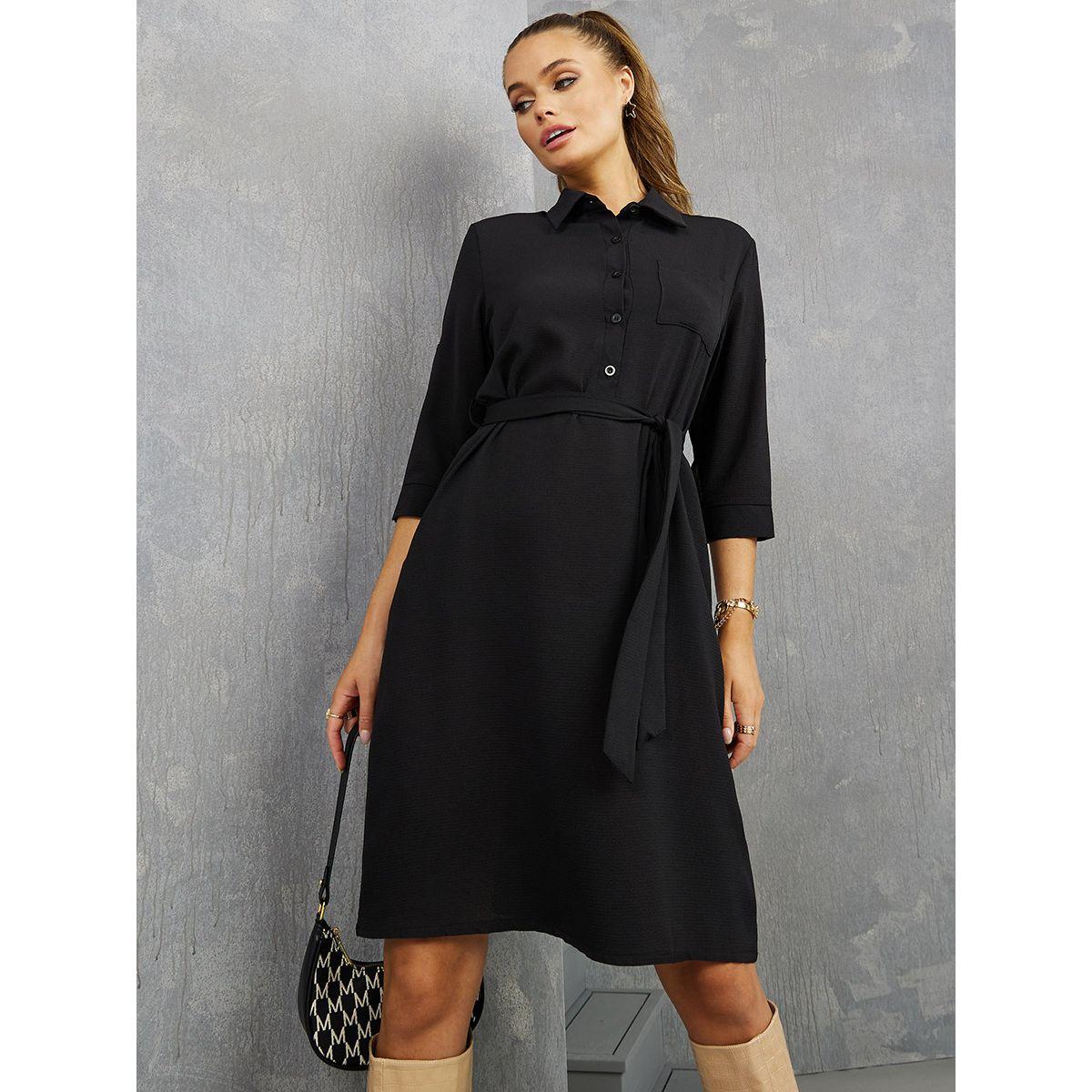 Styli Roll-Up Sleeves Shirt Knee Length Dress with Tie Belt-women-clothing-dresses-image-1