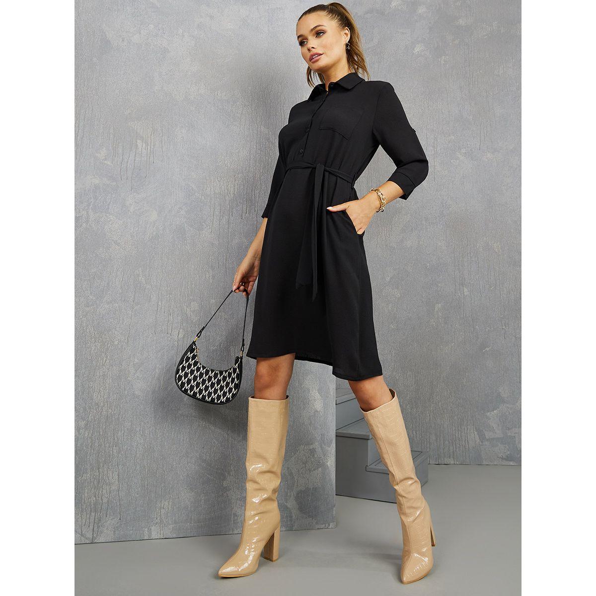 Styli Roll-Up Sleeves Shirt Knee Length Dress with Tie Belt-women-clothing-dresses-image-2