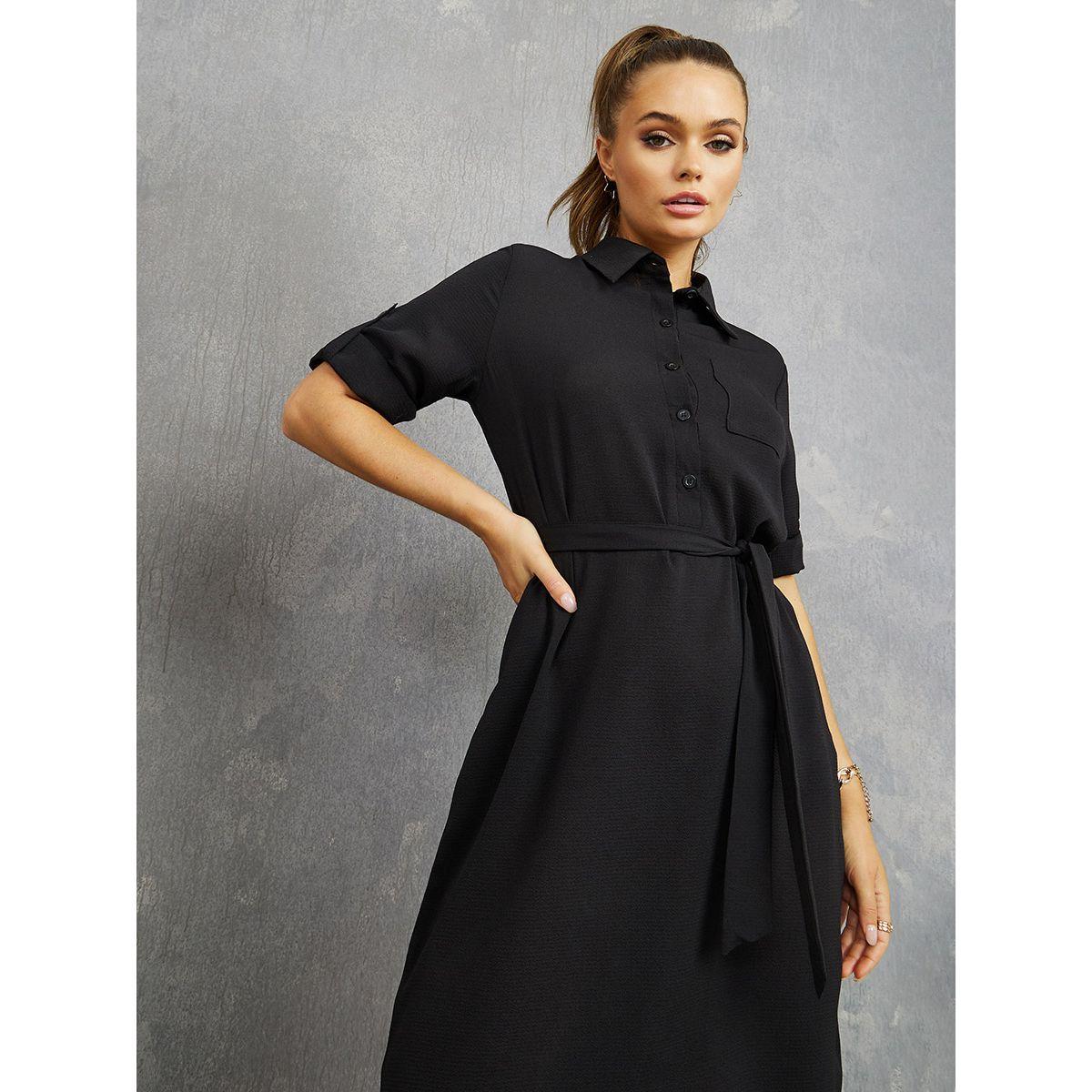 Styli Roll-Up Sleeves Shirt Knee Length Dress with Tie Belt-women-clothing-dresses-image-3