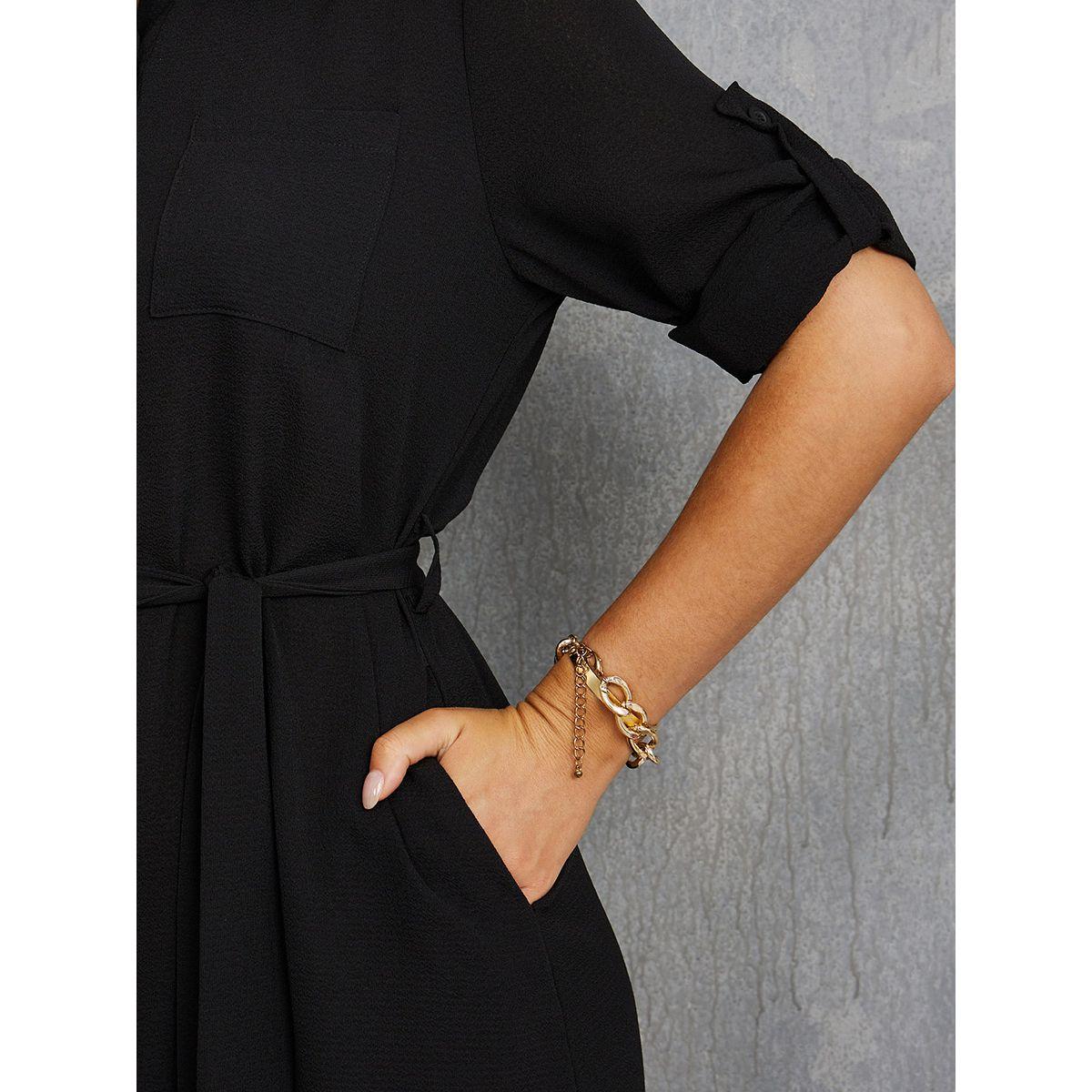 Styli Roll-Up Sleeves Shirt Knee Length Dress with Tie Belt-women-clothing-dresses-image-4