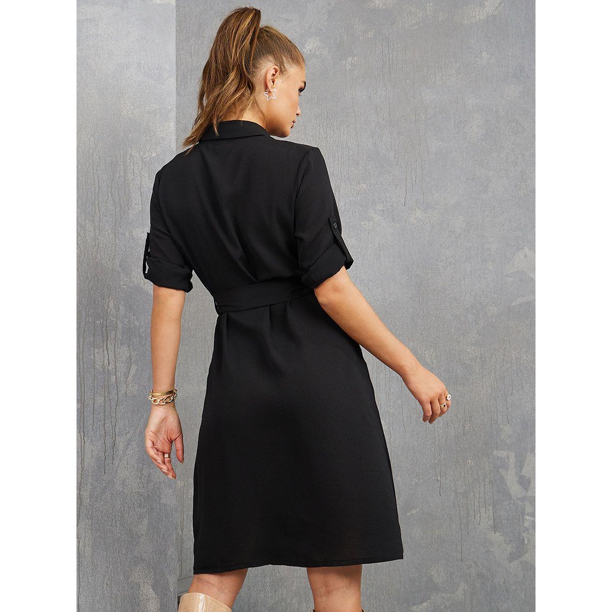Styli Roll-Up Sleeves Shirt Knee Length Dress with Tie Belt-women-clothing-dresses-image-5