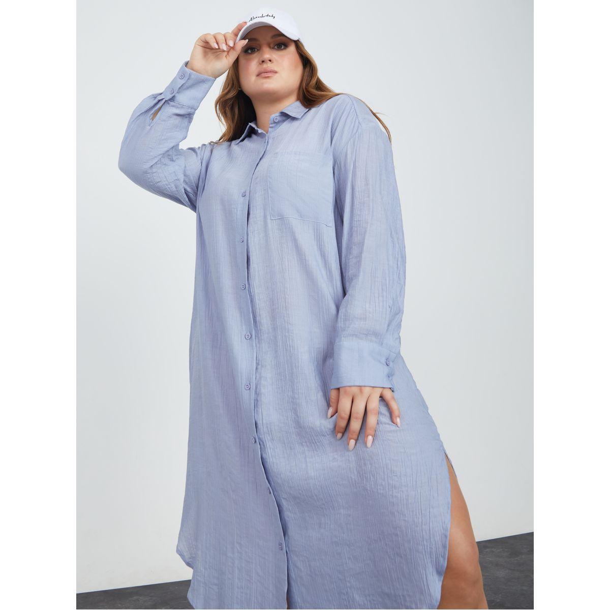 Styli Plus Button Through High-Low Hem Shirt Midi Dress-women-clothing-dresses-image-1