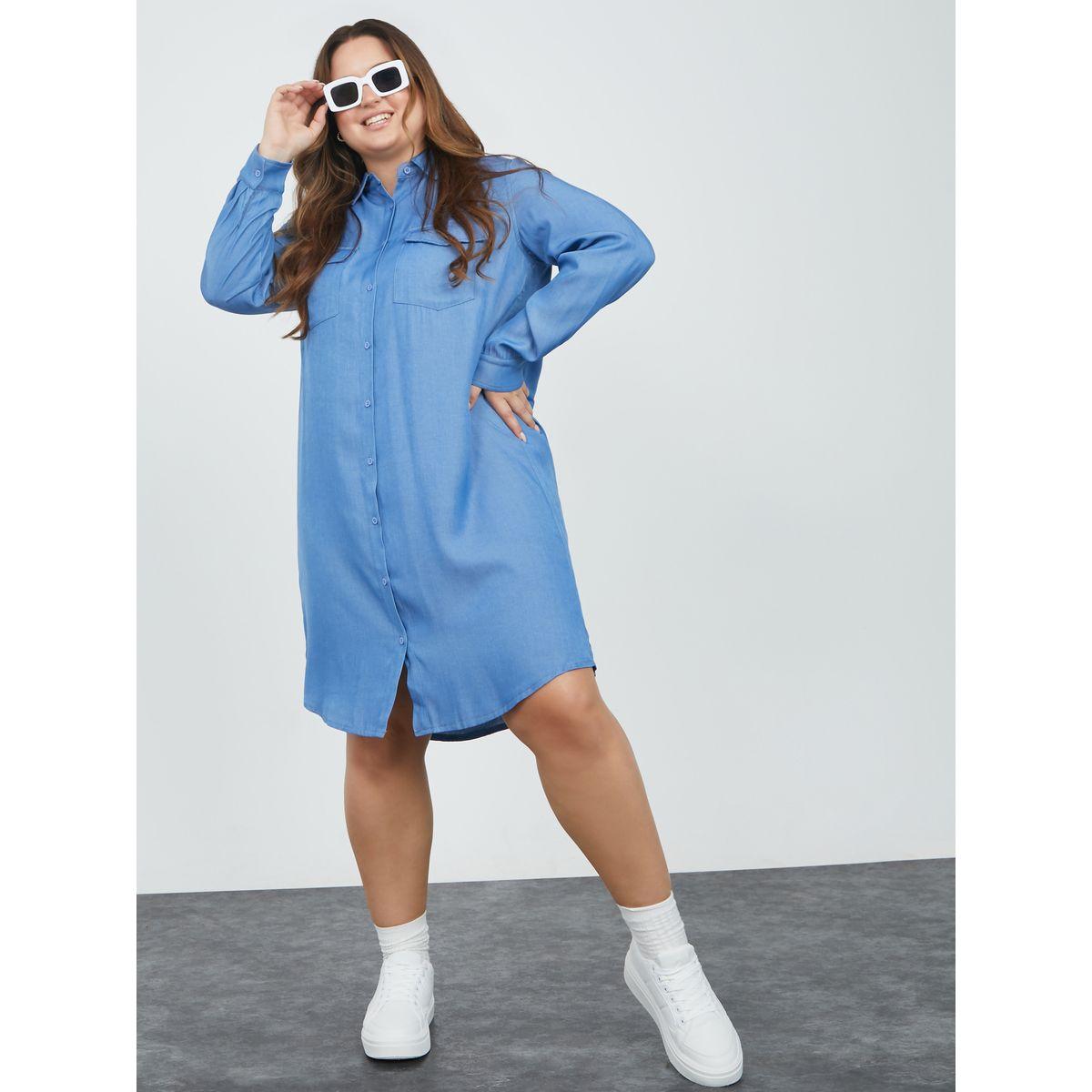 Styli Plus Button Through Denim Shirt Knee Length Dress with Flap Pocket-women-clothing-dresses-image-1