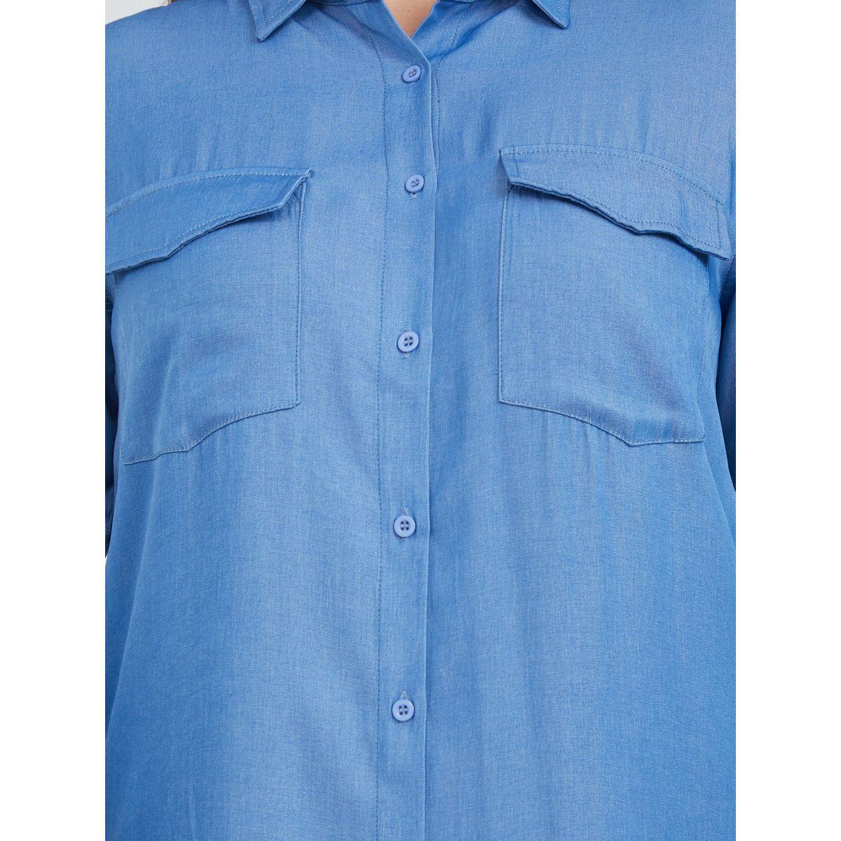 Styli Plus Button Through Denim Shirt Knee Length Dress with Flap Pocket-women-clothing-dresses-image-3
