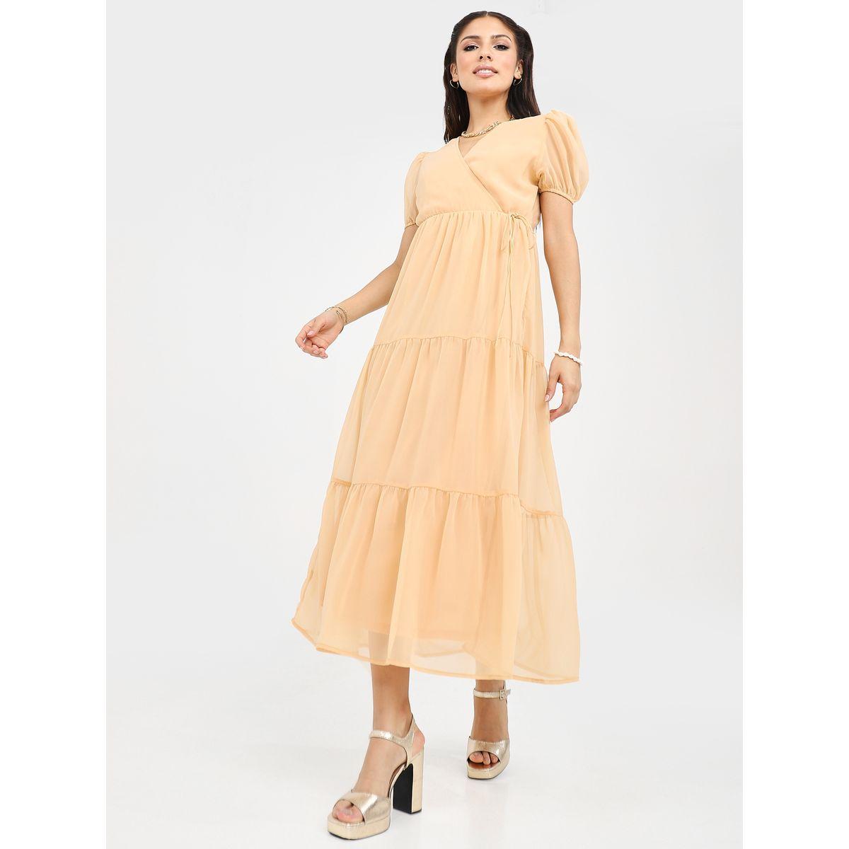 Styli Short Puff Sleeves Plain Tiered Midi Dress-women-clothing-dresses-image-1