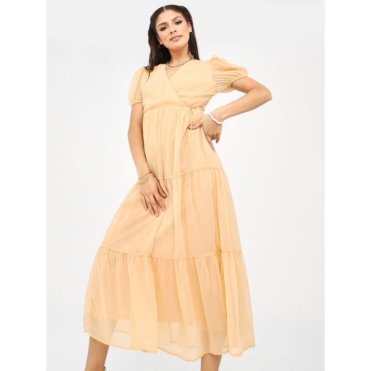 Styli Short Puff Sleeves Plain Tiered Midi Dress-women-clothing-dresses-image-2