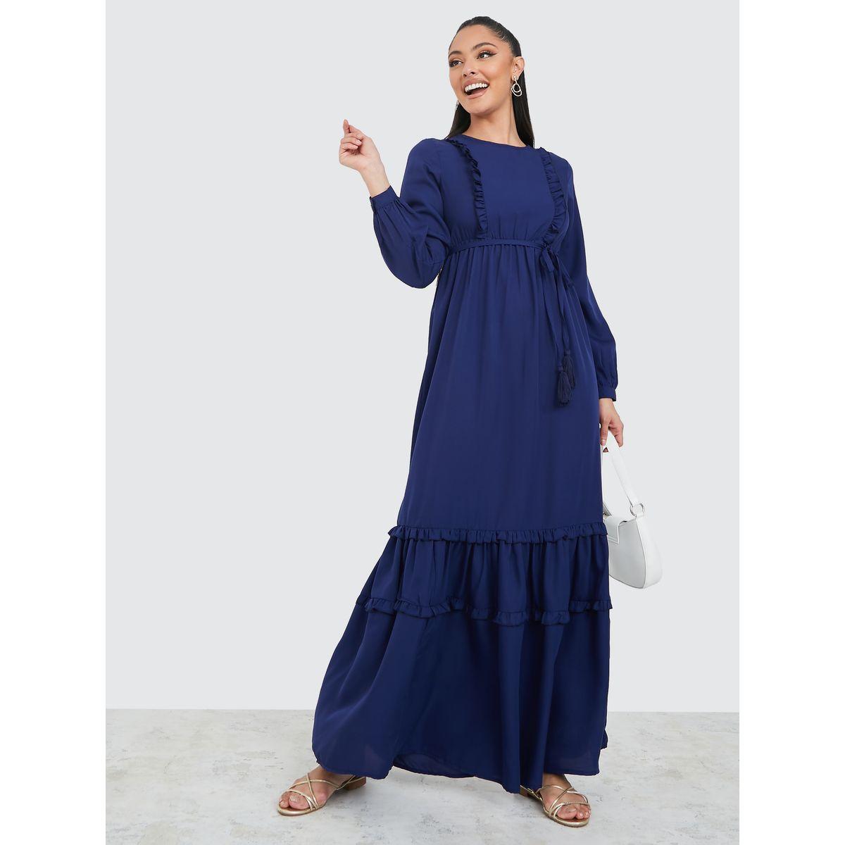 فستان طويل بكسرات واكمام طويلة-women-clothing-dresses-image-1