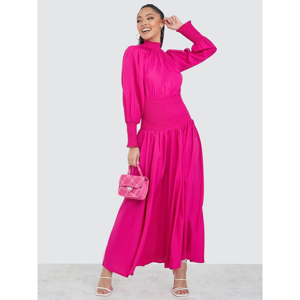 Styli Cuffed Volume Sleeves Shirred Detail A-Line Maxi Dress-women-clothing-dresses-image-1