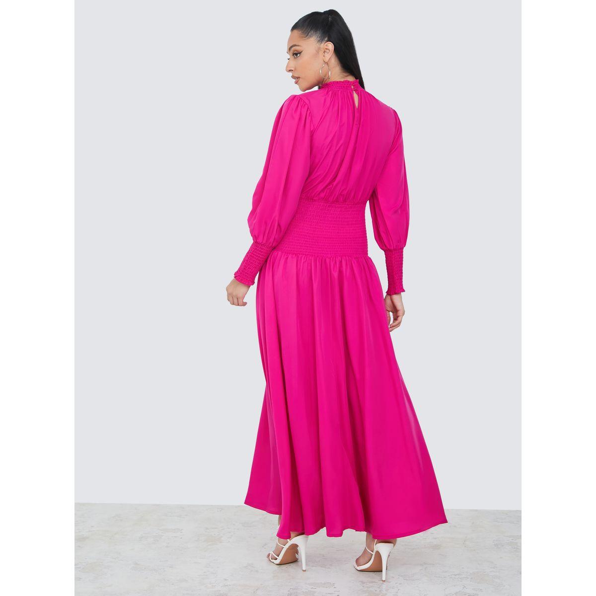 Styli Cuffed Volume Sleeves Shirred Detail A-Line Maxi Dress-women-clothing-dresses-image-4