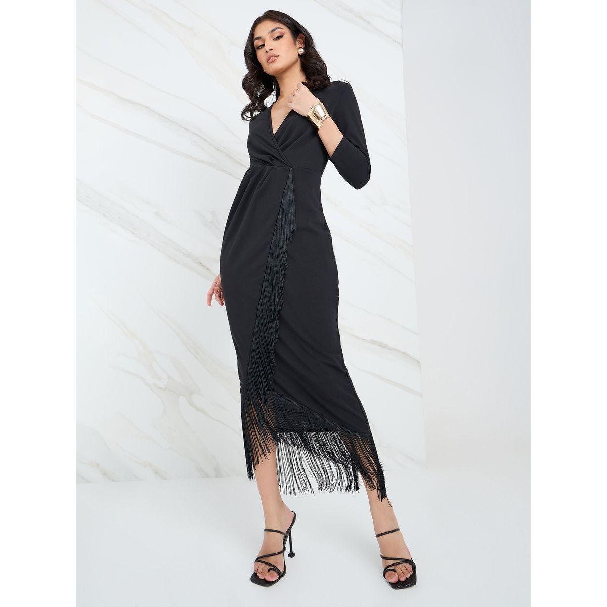 Styli 3/4 Sleeves Fringe Detail Wrap Midi Dress-women-clothing-dresses-image-1