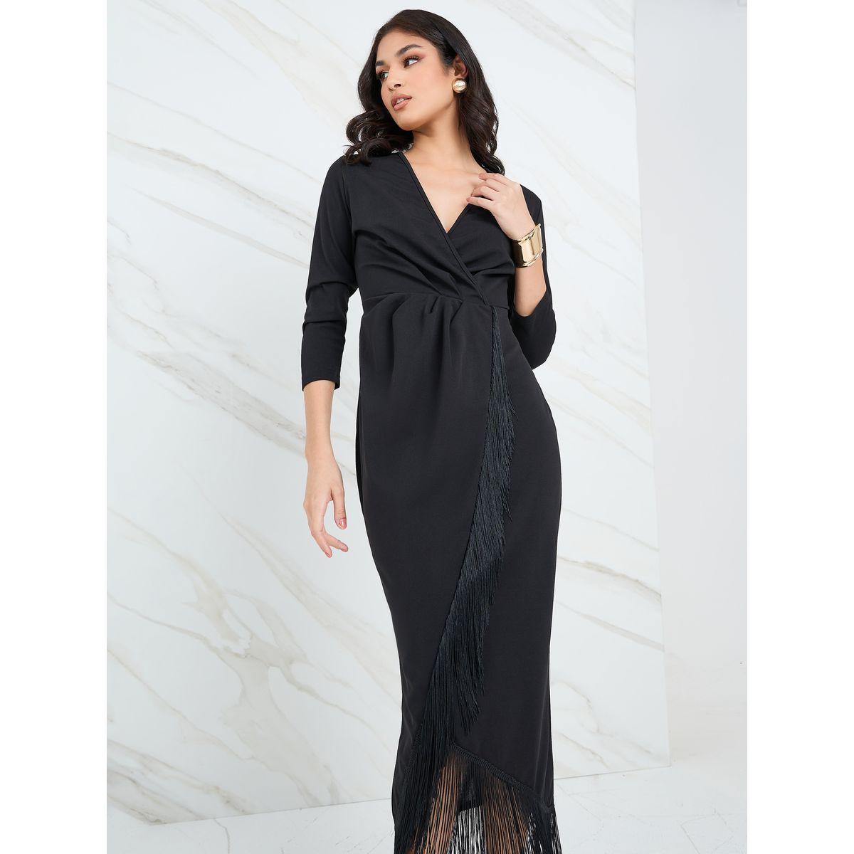 Styli 3/4 Sleeves Fringe Detail Wrap Midi Dress-women-clothing-dresses-image-2