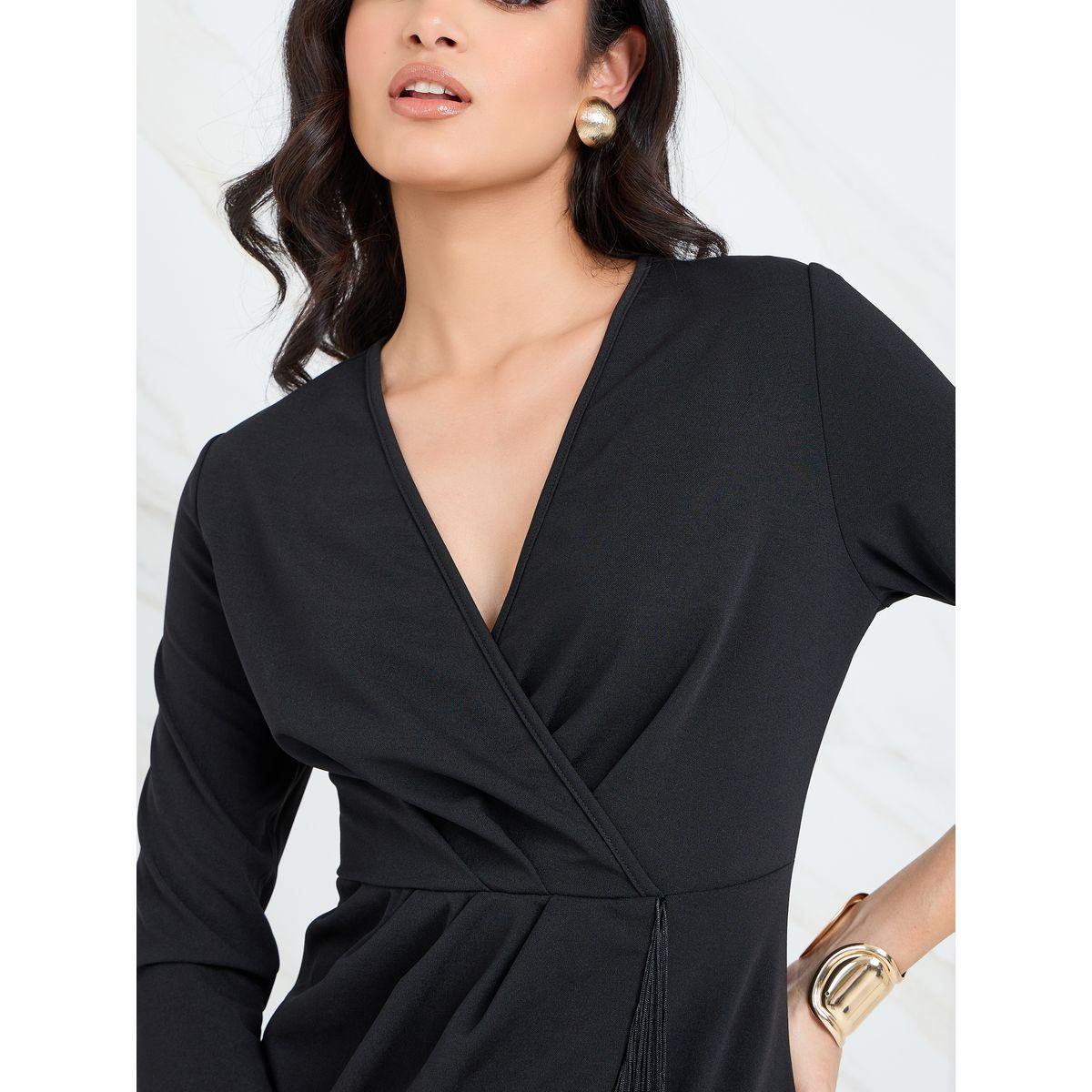 Styli 3/4 Sleeves Fringe Detail Wrap Midi Dress-women-clothing-dresses-image-3
