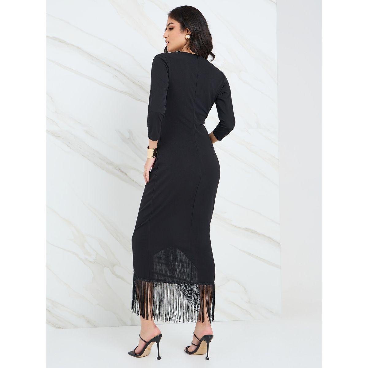 Styli 3/4 Sleeves Fringe Detail Wrap Midi Dress-women-clothing-dresses-image-4