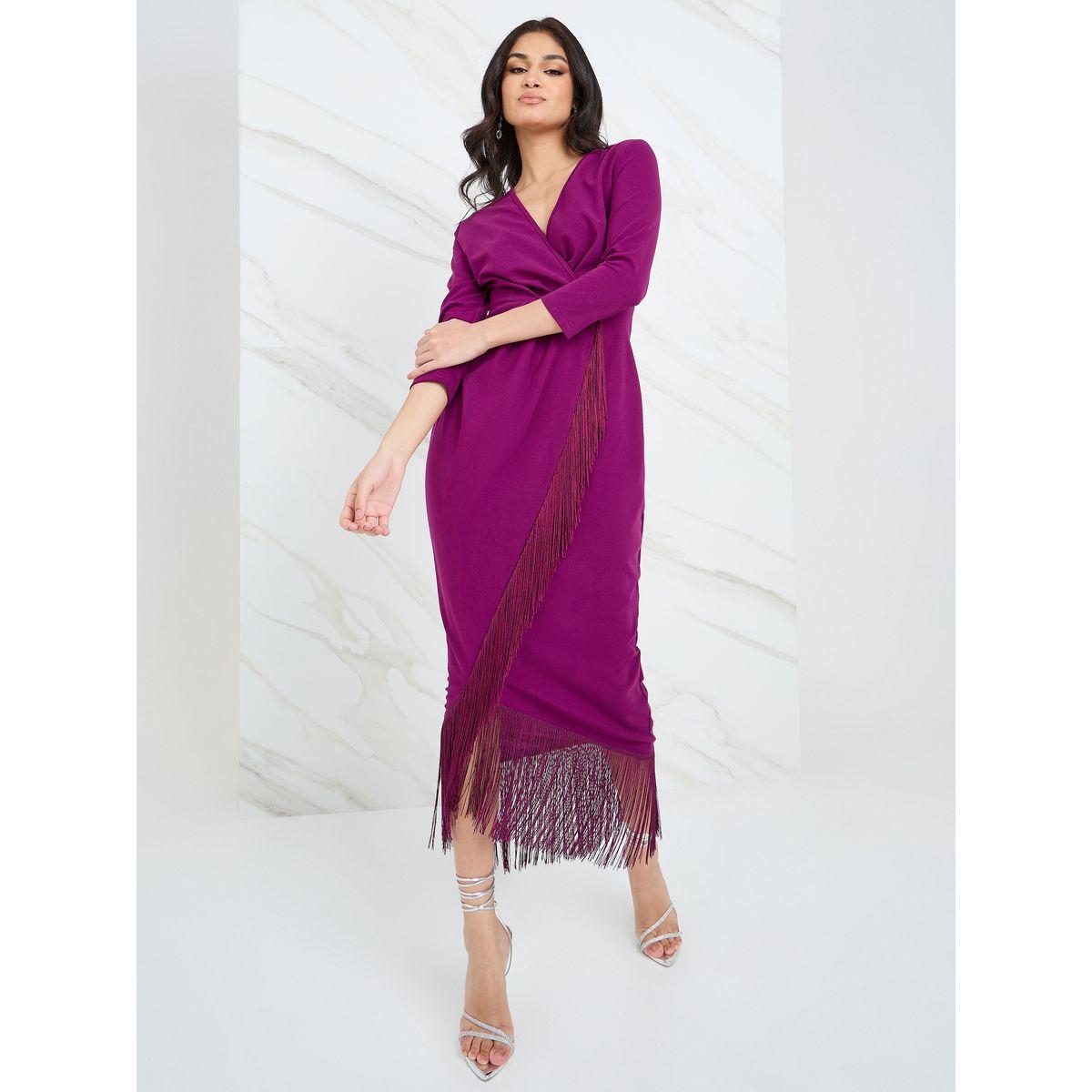 Styli 3/4 Sleeves Fringe Detail Wrap Midi Dress-women-clothing-dresses-image-1