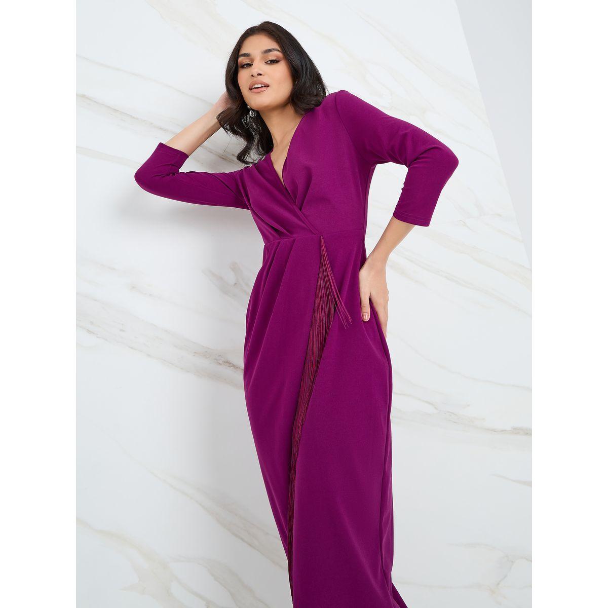 Styli 3/4 Sleeves Fringe Detail Wrap Midi Dress-women-clothing-dresses-image-2