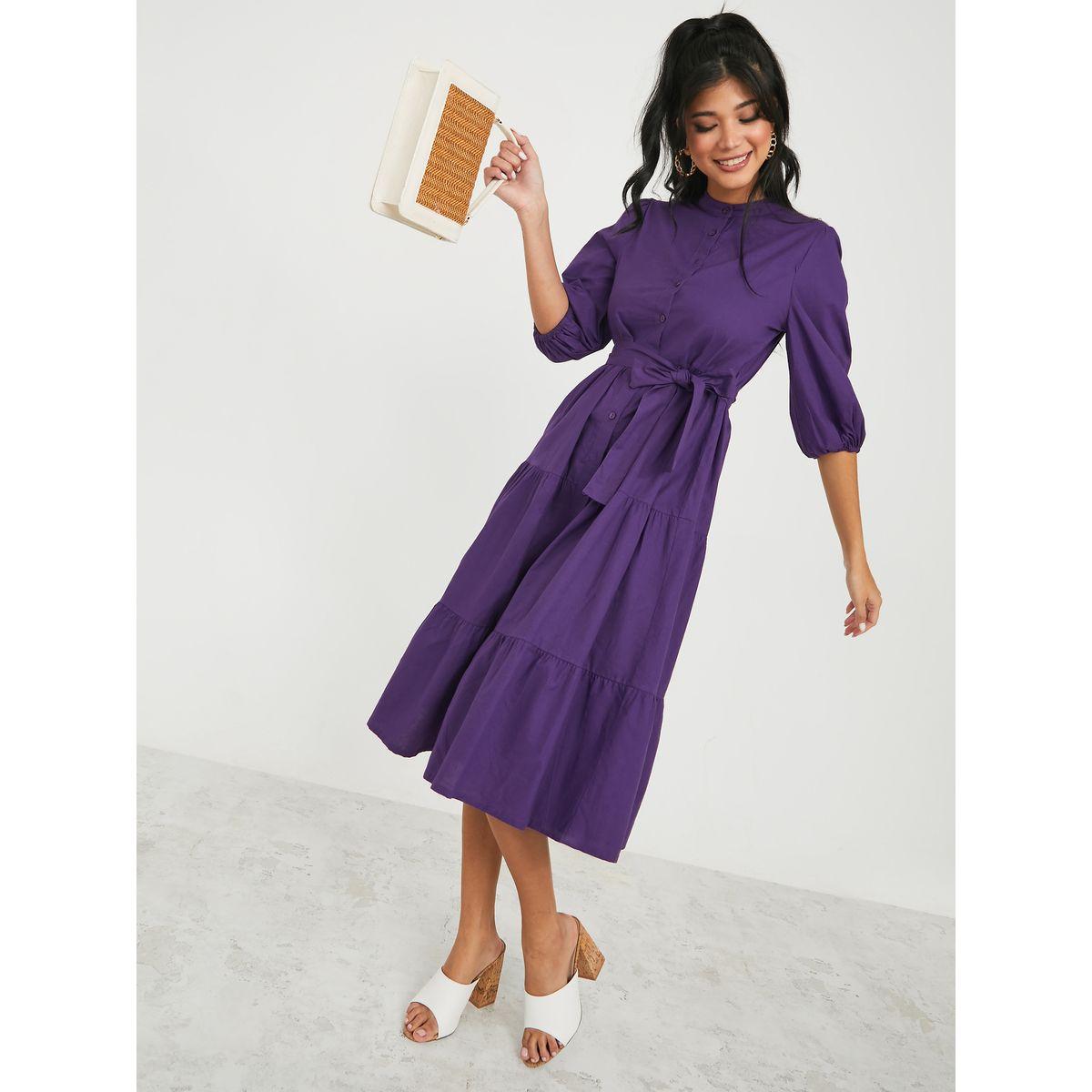 فستان ميدي بكسرات ورباط خصر-women-clothing-dresses-image-1