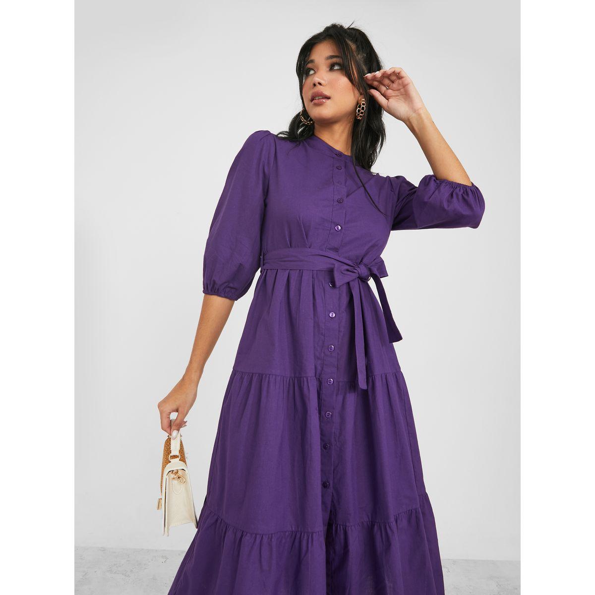 فستان ميدي بكسرات ورباط خصر-women-clothing-dresses-image-2