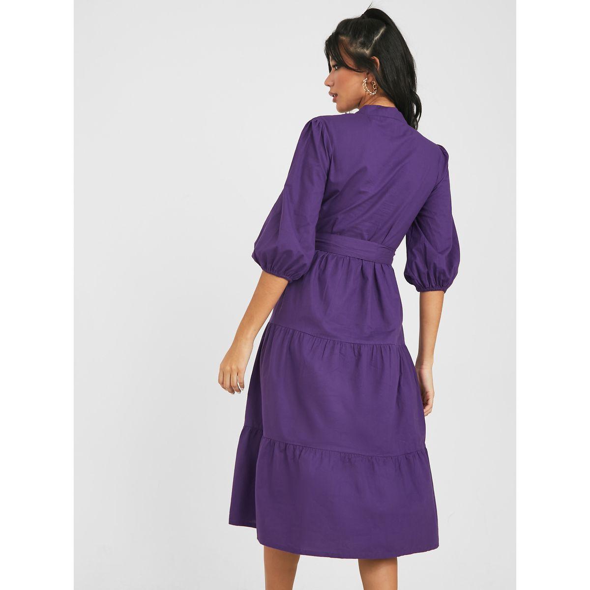 Styli Cuffed 3/4 Sleeves Stand Collar Tiered Midi Dress-women-clothing-dresses-image-4