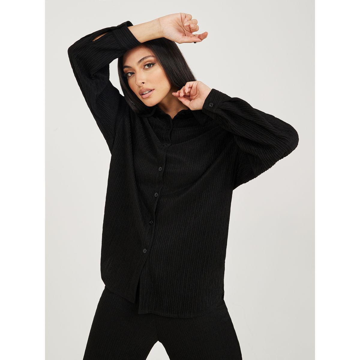 Styli Textured Longline Shirt and Wide Leg Trouser Co-Ord Set-women-clothing-coordsets-image-3