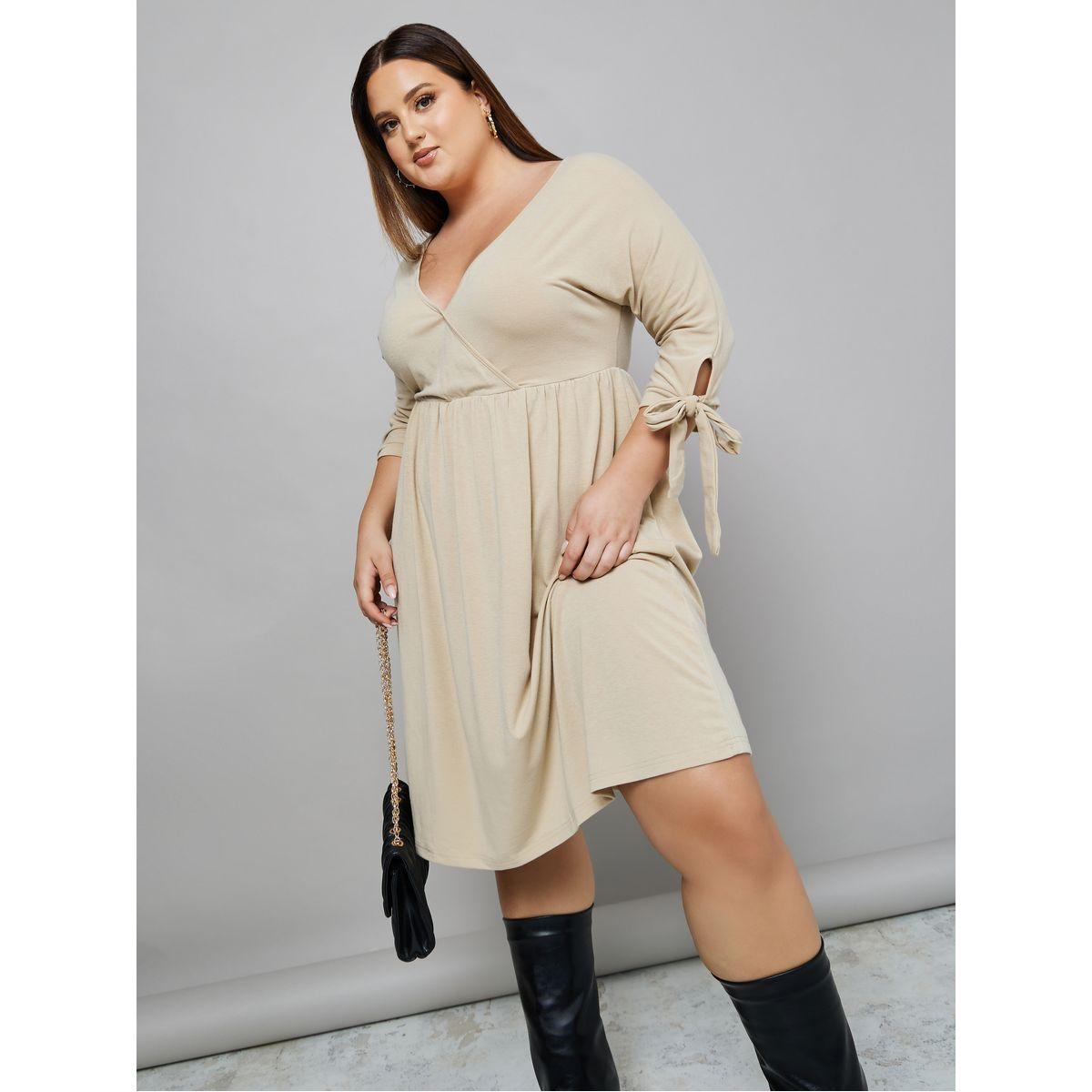 Styli Plus 3/4 Tie Cuff Sleeves Knee Length Dress-women-clothing-dresses-image-2