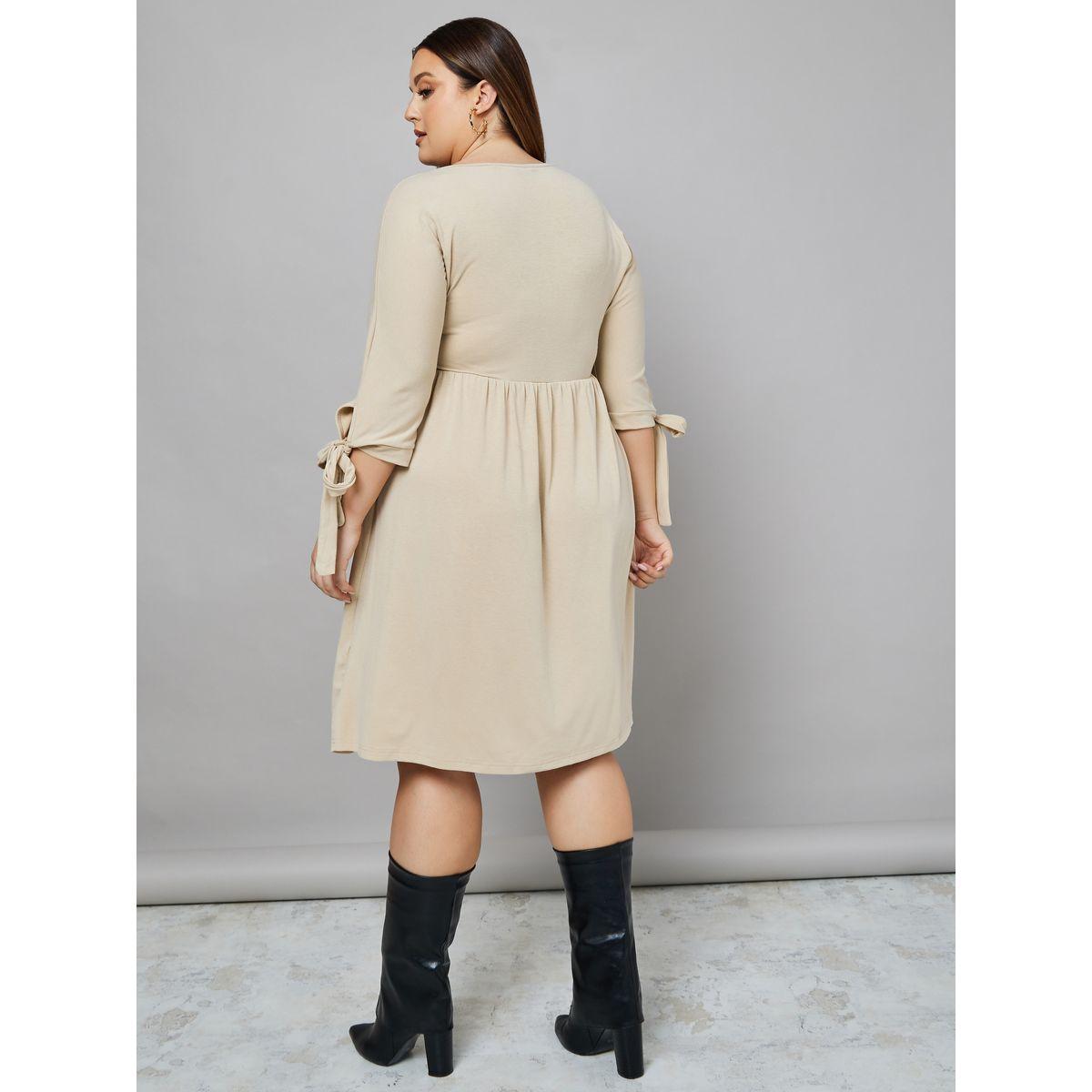 Styli Plus 3/4 Tie Cuff Sleeves Knee Length Dress-women-clothing-dresses-image-4