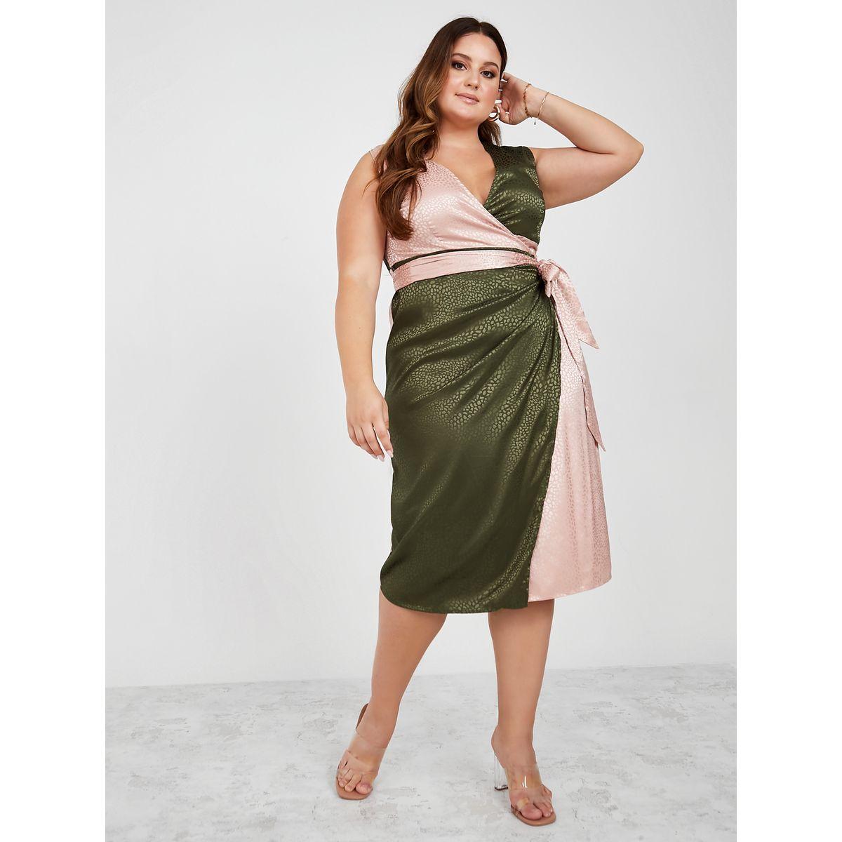 Styli Plus Sleeveless Colorblock Jacquard Wrap Midi Dress-women-clothing-dresses-image-1