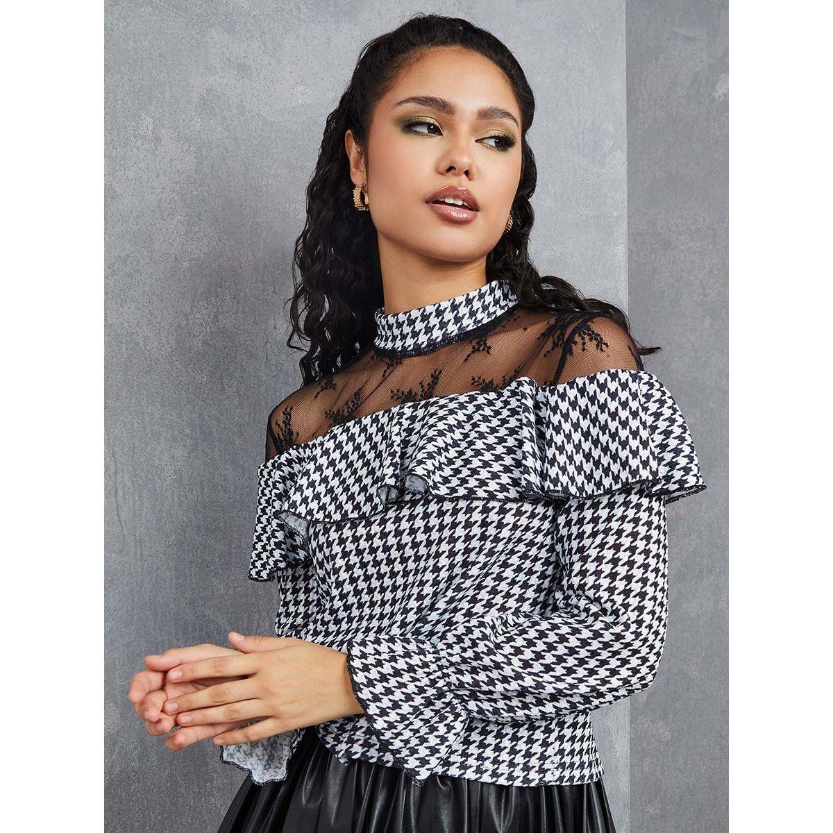 Styli Long Sleeves High Neck Checked Ruffle Detail Top-women-clothing-shirtsandblouses-blouses-image-3