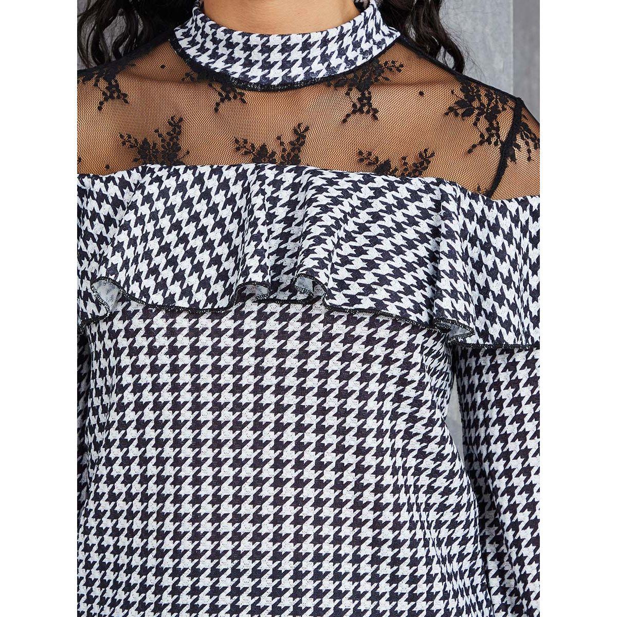Styli Long Sleeves High Neck Checked Ruffle Detail Top-women-clothing-shirtsandblouses-blouses-image-4