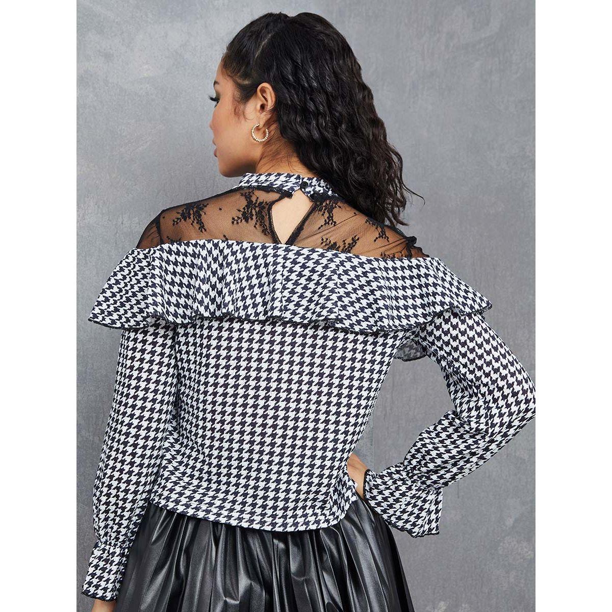 Styli Long Sleeves High Neck Checked Ruffle Detail Top-women-clothing-shirtsandblouses-blouses-image-5