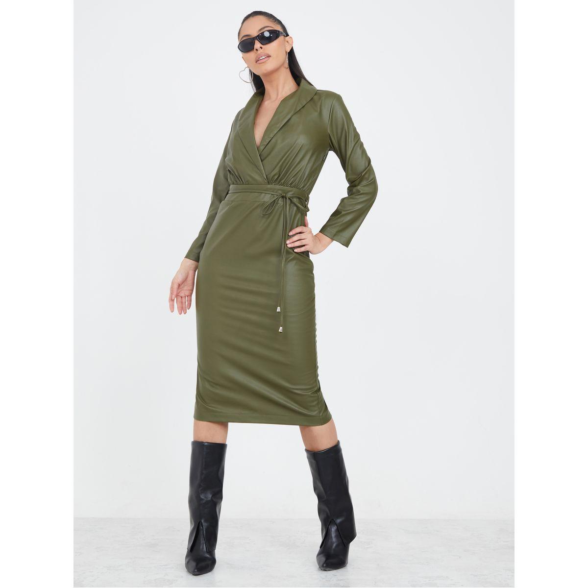 Styli Notch Lapel Leather Look Blazer Midi Dress-women-clothing-dresses-image-2