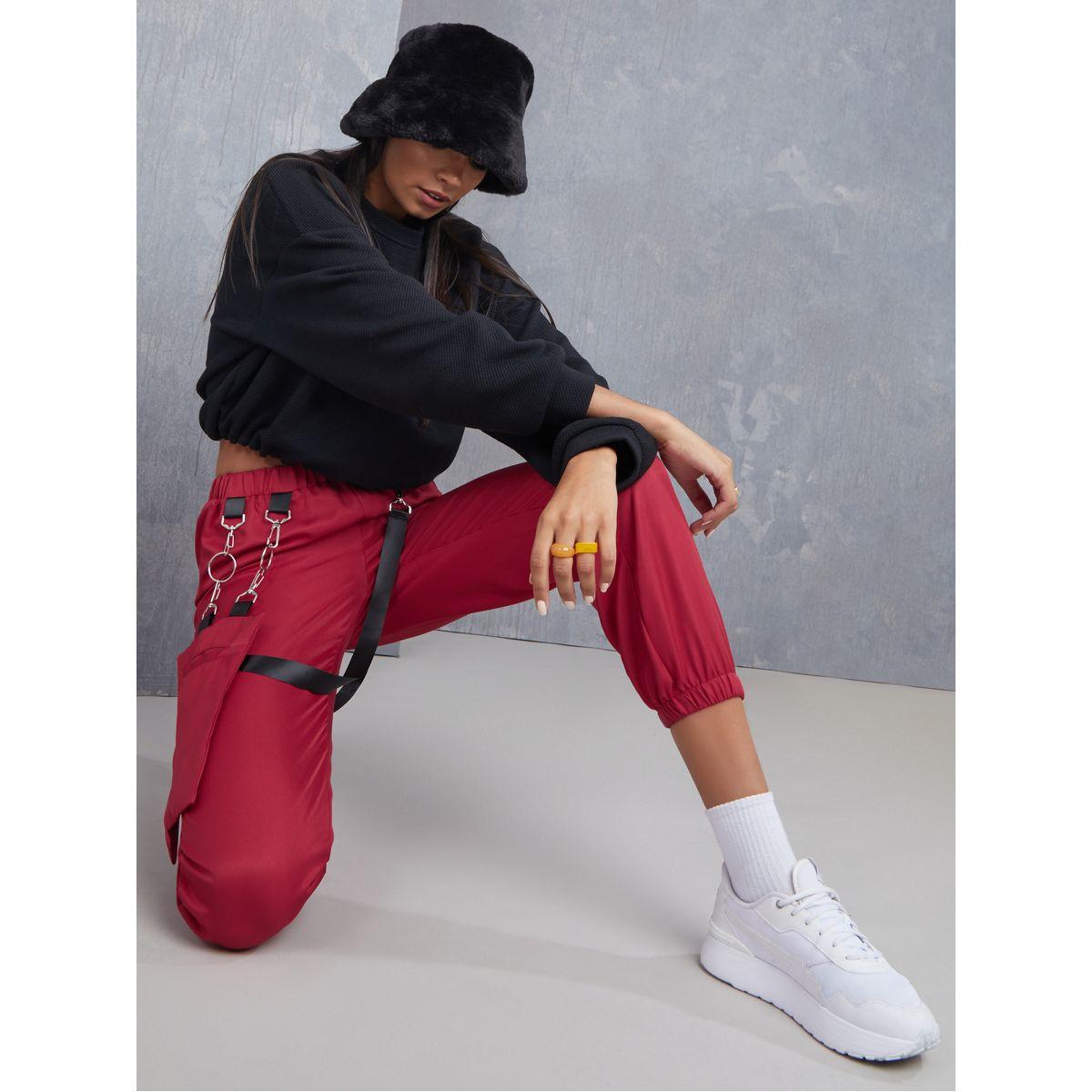Styli Elasticated Waistband Cuffed Trouser with Detachable Pocket Strap-women-clothing-bottoms-trousers-image-1