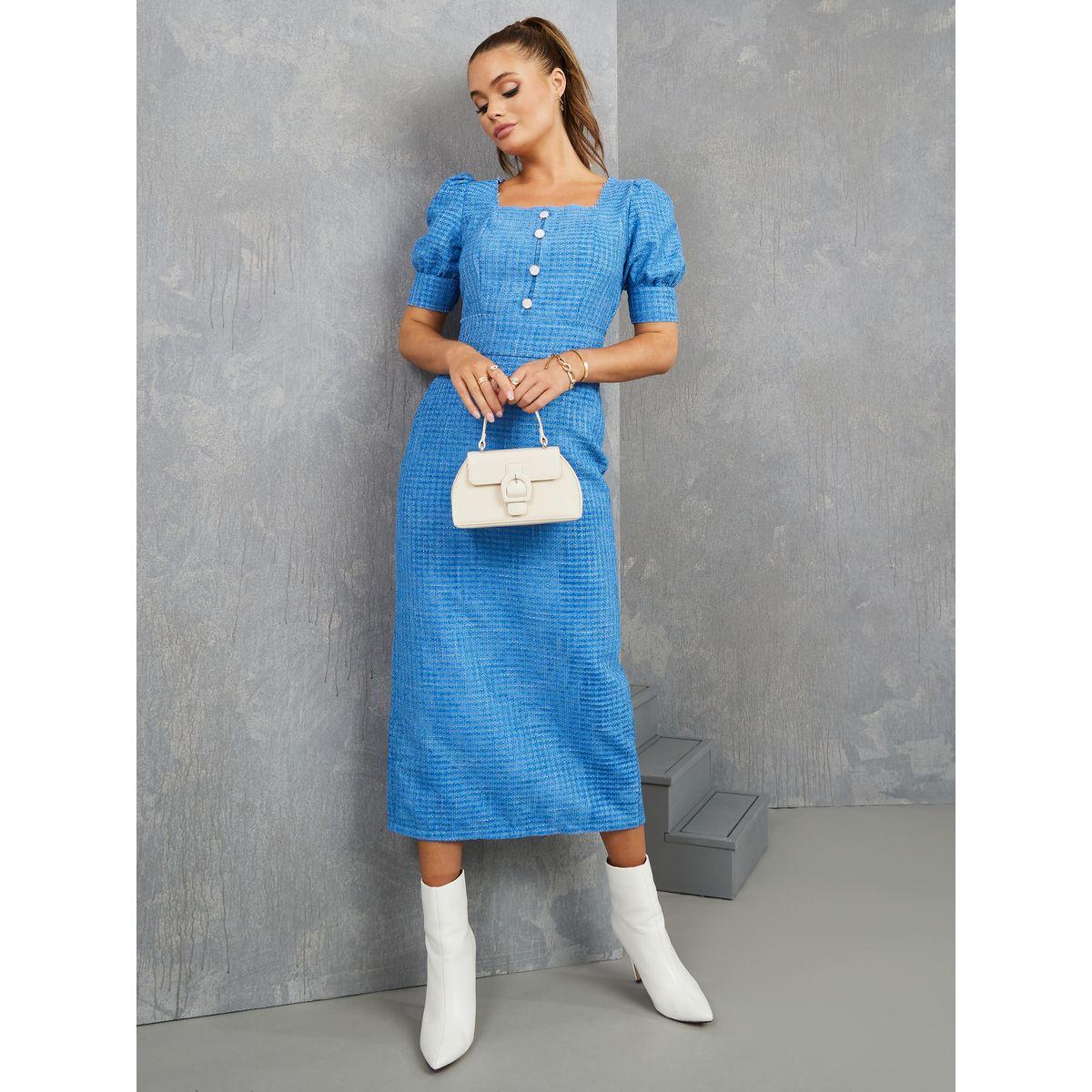 Styli Short Puff Sleeves Tweed Midi Dress-women-clothing-dresses-image-2