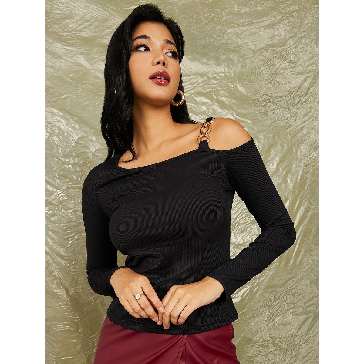 بلوزة مضلعة برقبة غير متماثلة الطول-women-clothing-shirtsandblouses-blouses-image-3